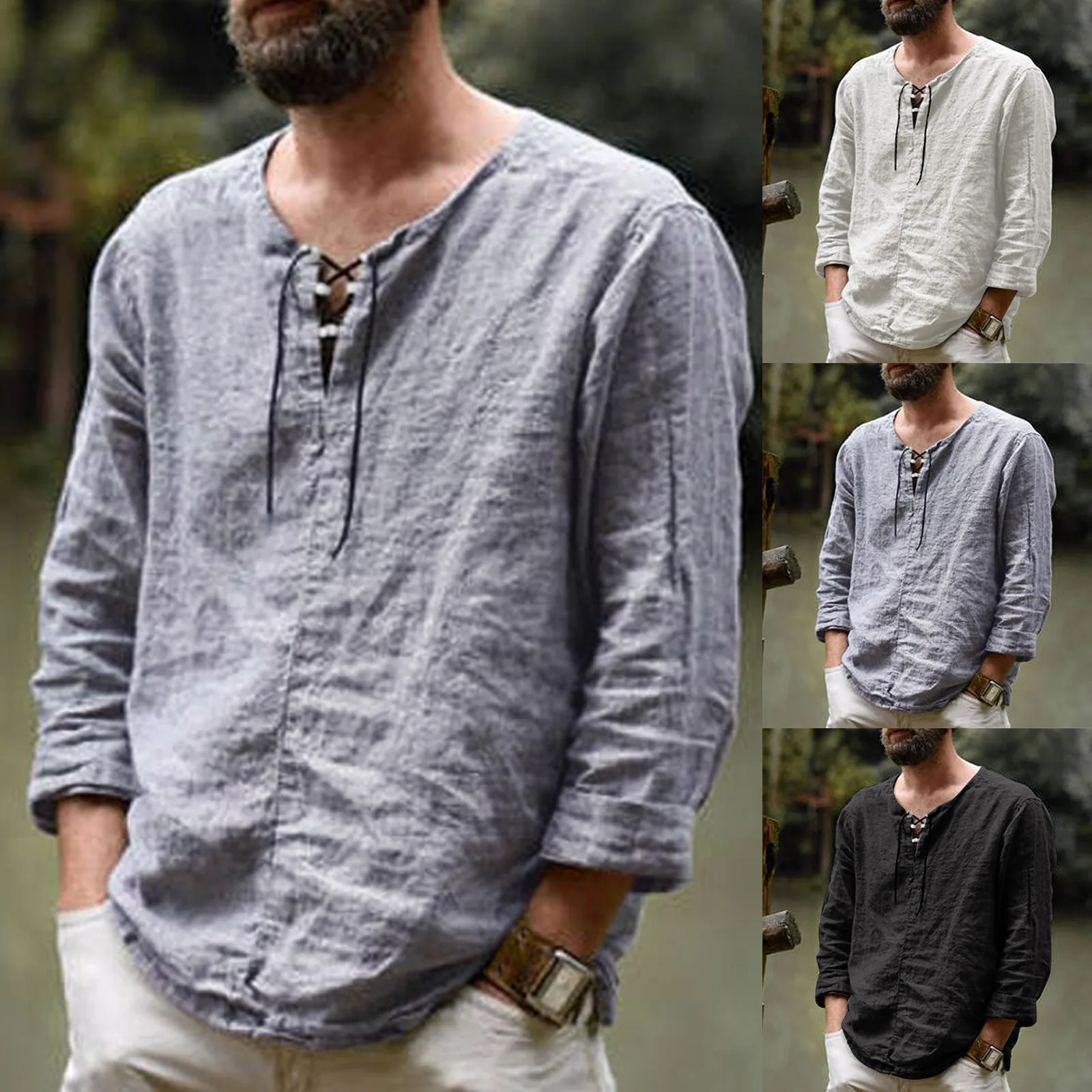 

Linen Cotton Men Shirts Casual Solid Color Lace-up Chest Linen Blend Tee Shirts Autumn 2022 Loose V-neck Long Sleeve Male Tshirt