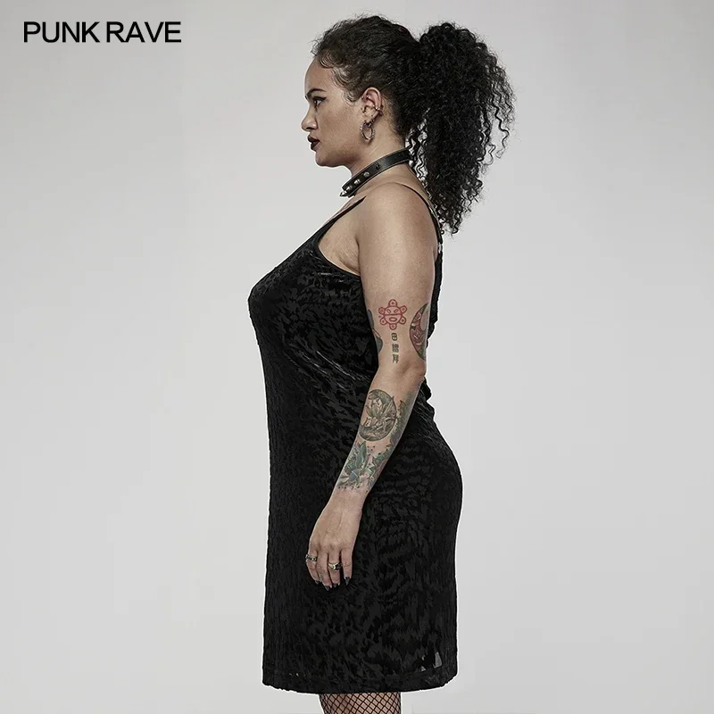 PUNK RAVE Women's Gothic Daily Elastic Velvet Sling Party Club Black Sexy Slim Mini Dress Decal Decoration Summer Women Clothing