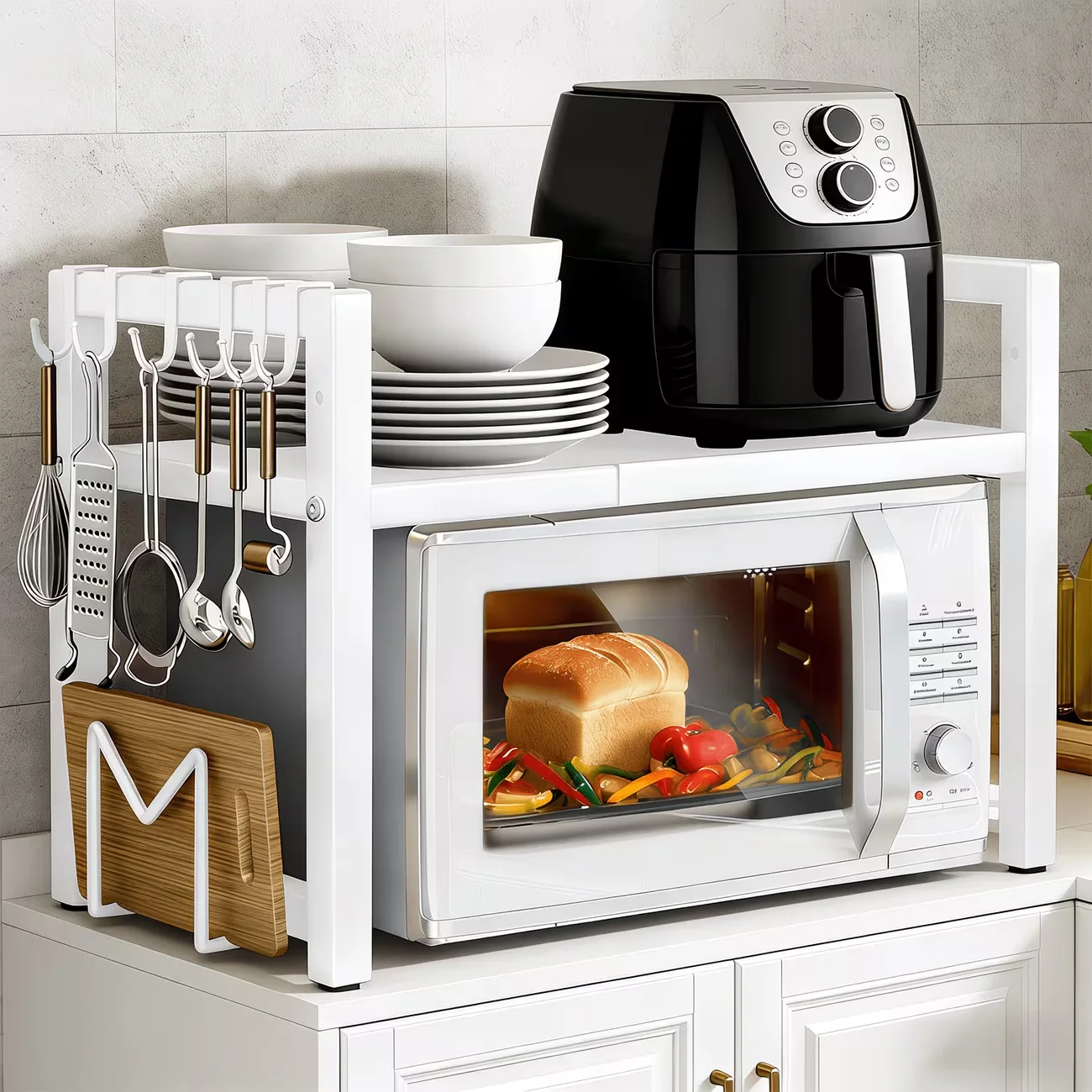 Estante Ajustable de Acero al Carbono para Microondas con Soporte para Cuchillos, Soporte para Palillos y Organizador de Tablas de Cortar - Accesorio de Almacenamiento para Cocina
