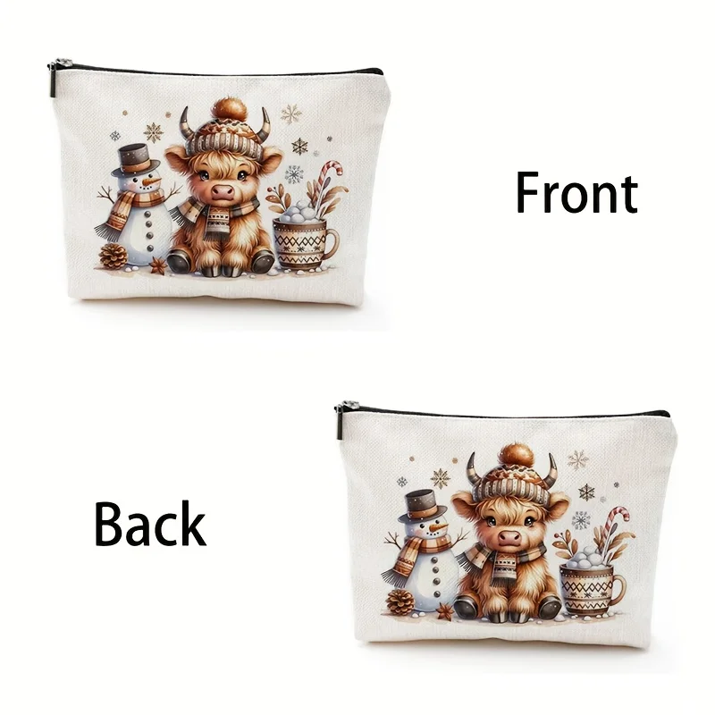 Kosmetyczka z motywem świątecznego bydła szkockiego - wielofunkcyjna saszetka na zamek błyskawiczny, etui na biżuterię, idealna podróżna mała saszetka na zamek błyskawiczny.