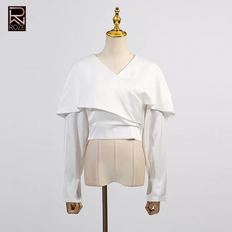 

Однотонная модная короткая рубашка с нерегулярными складками для женщин, утягивающие темпераментные рубашки с v-образным вырезом и длинными рукавами, женский стиль, новинка