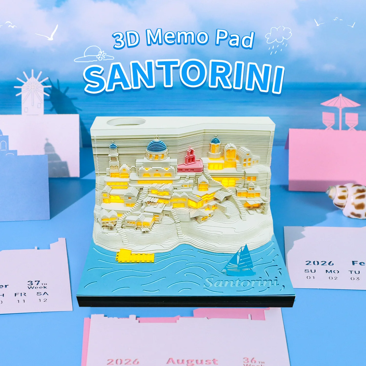 2026 Lighted Aegean Santorini Style - 3D Paper Art Calendar Notebook DIY Creative Gift for Home Office Desktop Decor & Souvenir