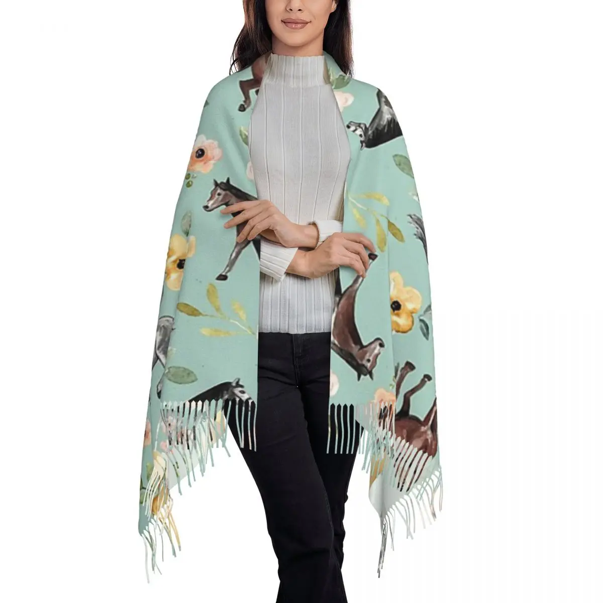 Horses With Flowers, Sunrise Floral, Blue, Horse Decor Scarf Tassel Scarves Women Soft Warm Shawls and Wraps Winter Shawl Wrap