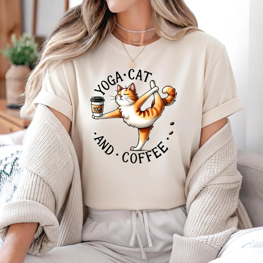 2026 Sommer Mode Lässiges Kurzarm-Yoga-Shirt mit Katzen- und Kaffee-Grafik Zen Kätzchen Meditations-Grafik T-Shirts Damenkleidung
