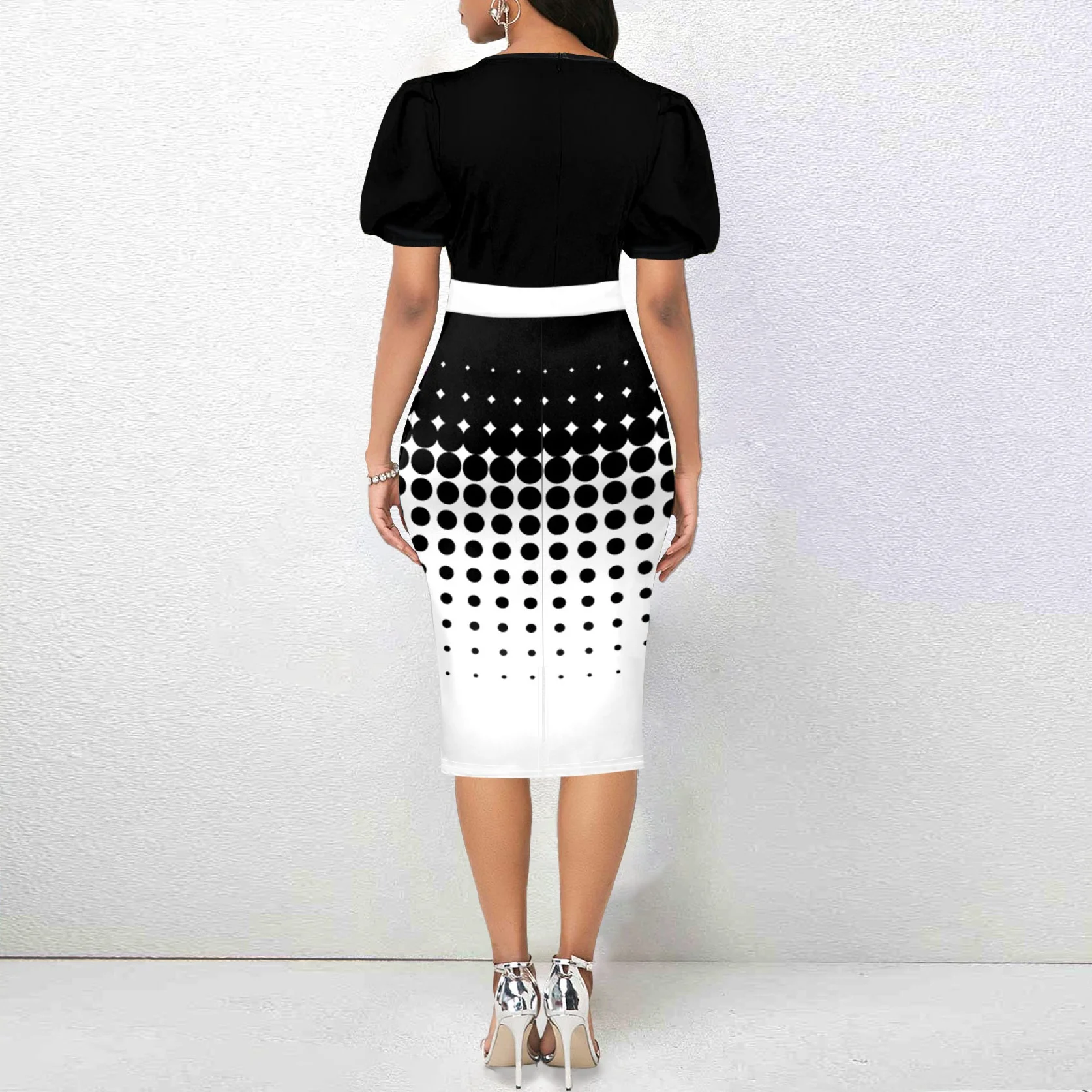 Feminino elegante cintura alta em torno do pescoço lanterna manga vestido impresso elegante estilo europeu e americano