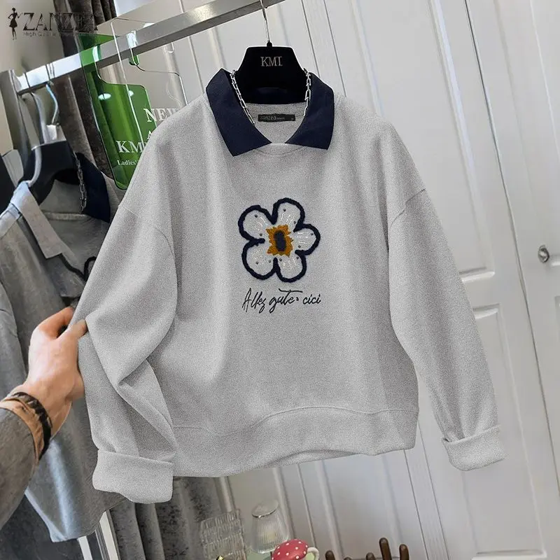 

Повседневные свободные толстовки ZANZEA с цветочным принтом, женские пуловеры с отложным воротником и длинными рукавами, имитация двухслойности, весенняя одежда