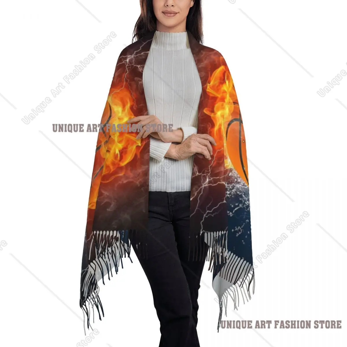 カスタマイズファッションバスケットボールアイスアンドファイアタッセルスカーフ女性冬秋暖かいショールラップレディーススポーツプレーヤースカーフ