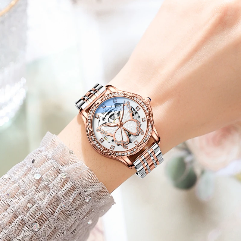 Luxury Fashion Women Automatic Mechanical Watch Stainless Steel Strap Lady Wristwatch Beautiful Butterfly Dial Design Rhinestone