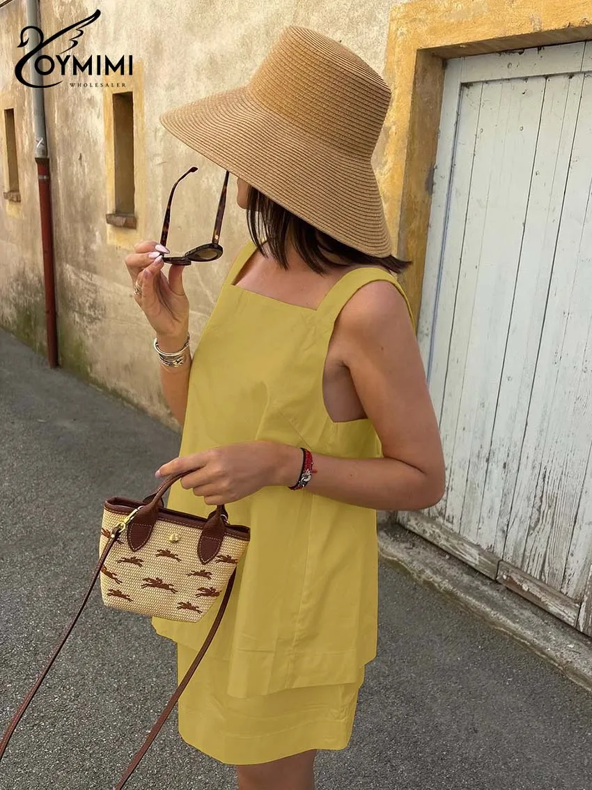 

Oymimi Casual Yellow Cotton 2 Piece Sets Woman Outfit Fashion Square Neck Open Back Lace-Up Tops And Simple Mini Skirts Sets