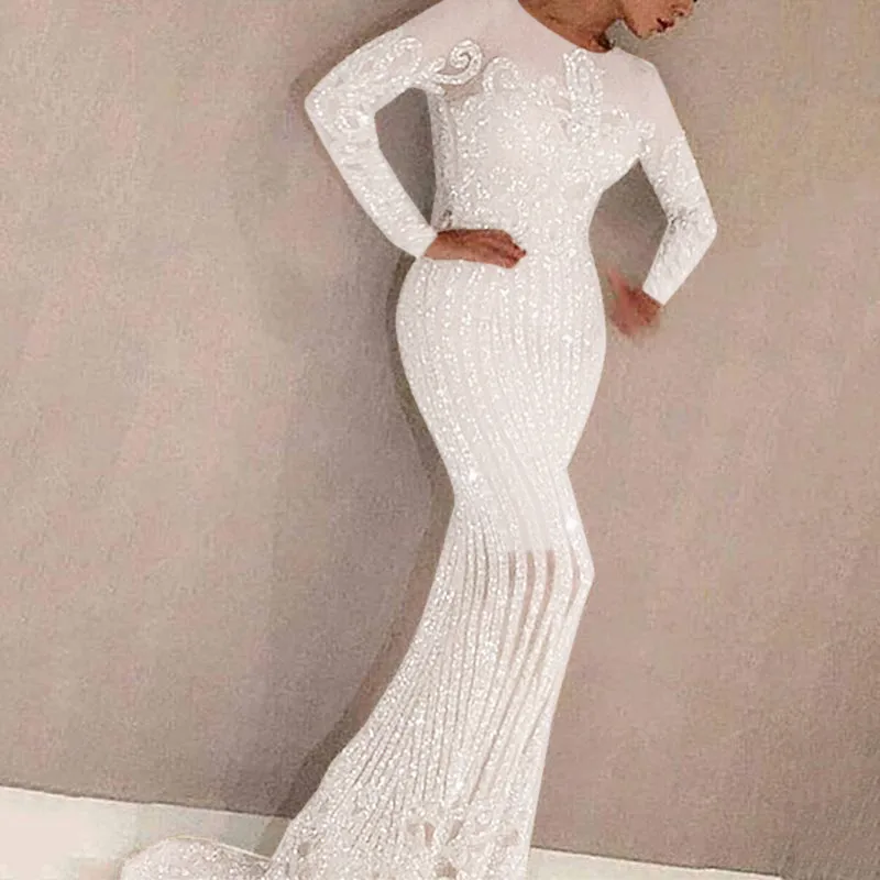 2024-Border Spring and Autumn New European and American Women's Clothing Gold Long Sleeve Dress Ball Tail Solid Color