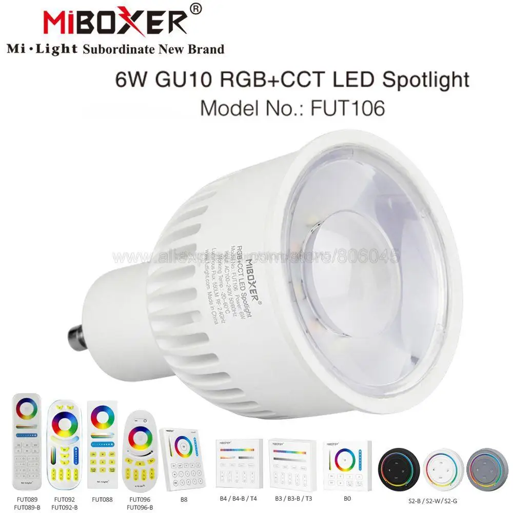 miboxer fut106 ac110v 220v 6w gu10 rgb mais cct led holofote suporte da lampada 24g rf remoto wifi controle de aplicativo para casas bares sala 01