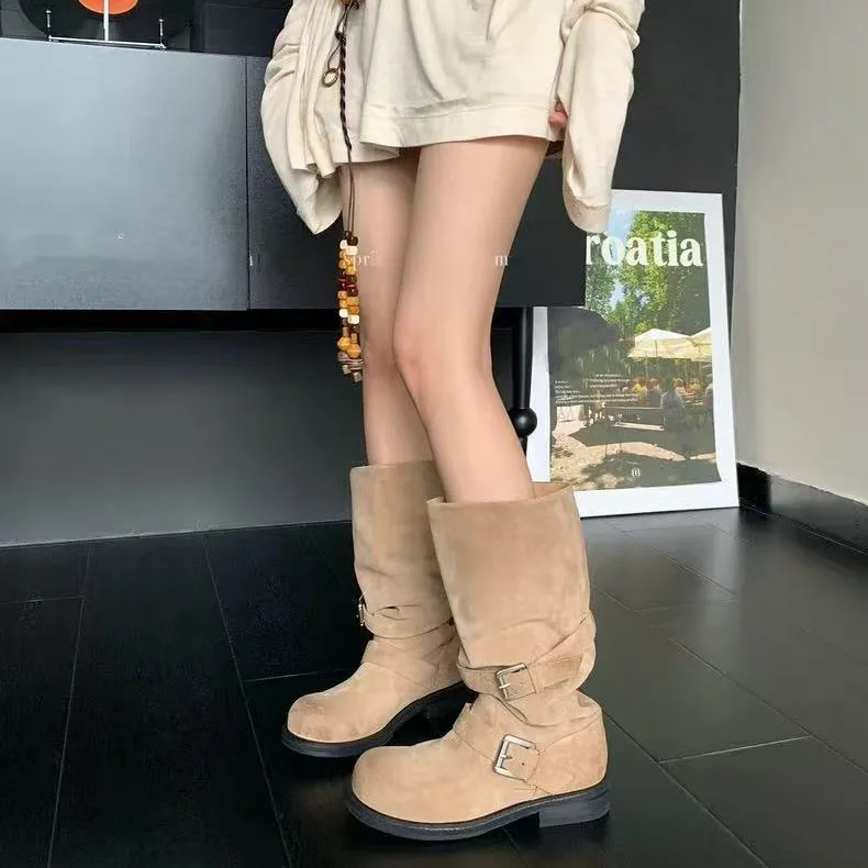 

Женские высокие сапоги в стиле ретро, ботинки на квадратном каблуке, роскошные ботинки до середины икры с круглым носком, зимние офисные повседневные ботинки, модные однотонные ботинки