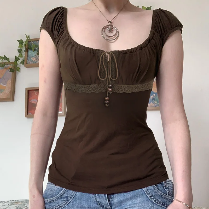 

Женский топ на шнуровке Pure Desire Spicy Girl, расшитый бисером, милая футболка с квадратным вырезом и кружевными панелями, облегающая модная футболка с короткими рукавами