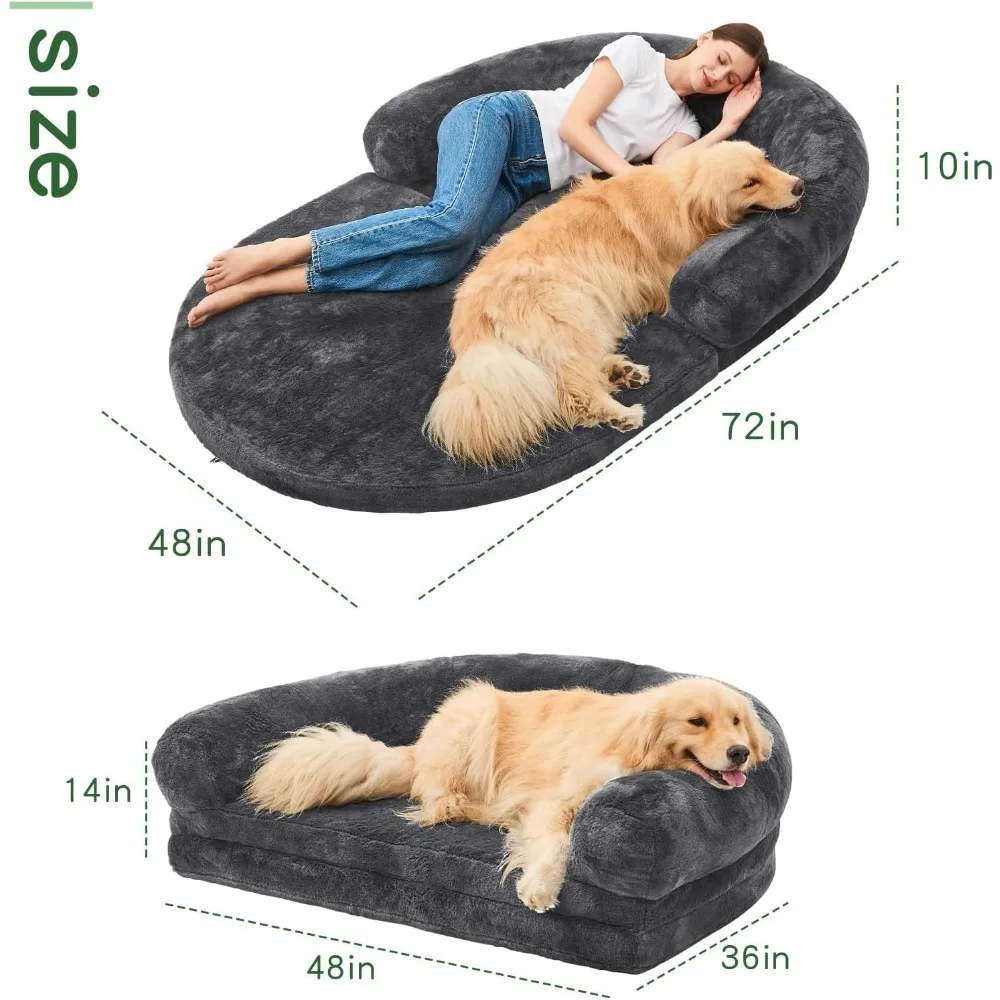 Dog Bed with Blanket and Memory Foam, Large Shared Foldable Adjustable Beds, Fluffy Faux Fur Orthopedic Bean Dog Bed