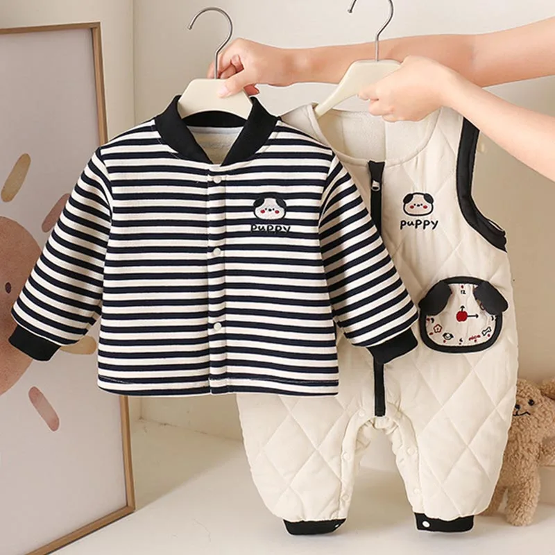 Baby- und Kleinkinder-Herbst-/Winterkleidung, Neugeborenen-Set, verdicktes separates Set, gestreifter Sweatshirt für Jungen, super süßer, gesteppter Overall – Detail 3