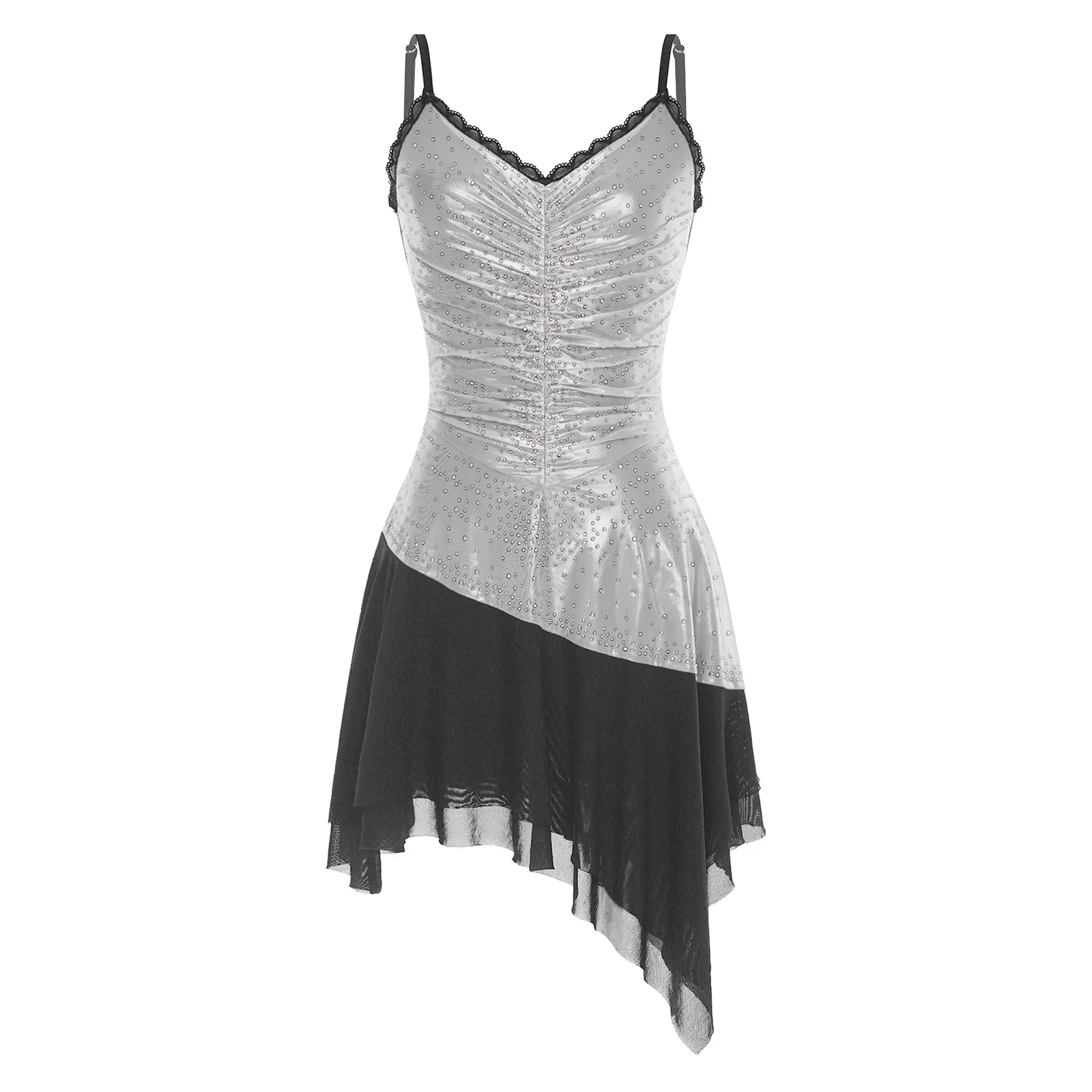 

Women Metallic Shiny Dance Dress Party Lyrical Dance Costume Ruched Tiered Sling Tulle Dress for Jazz Latin Tango Rumba Dancwear
