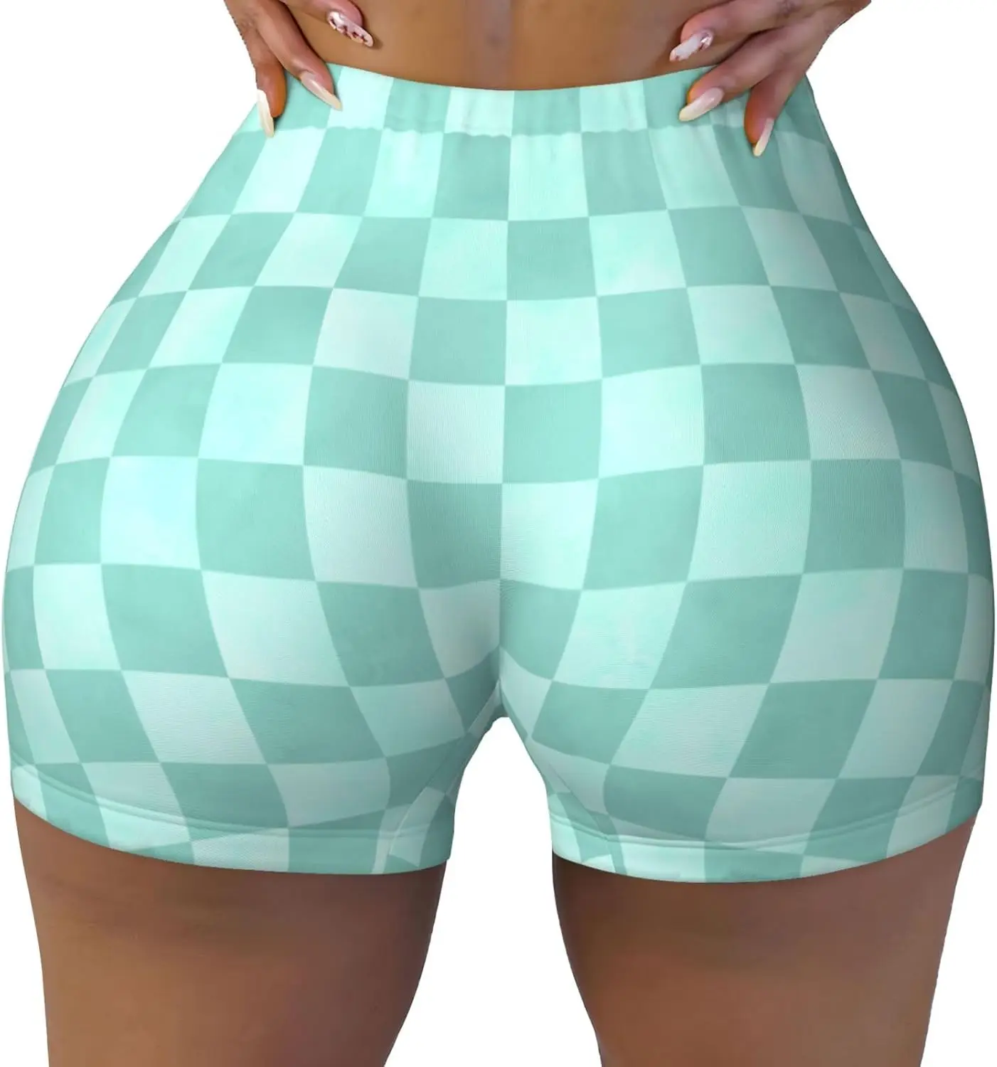 ピクセルライトブルーワークアウトショーツ女性用ミントチェック柄バイカーヨガランニングジムスパンデックスショーツ女性用
