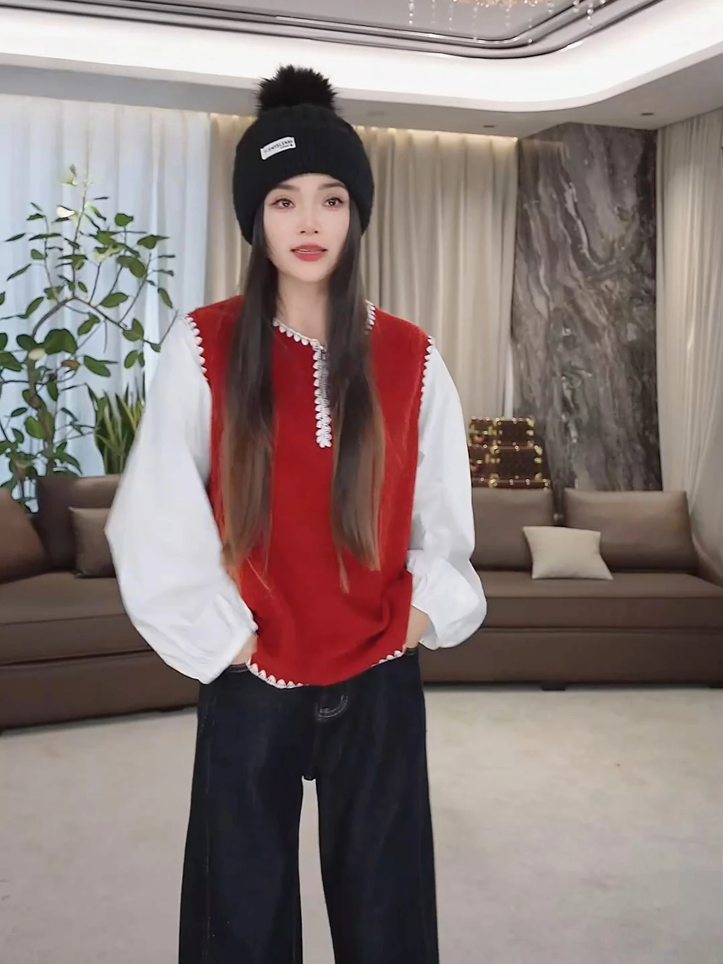 

Heavy Embroidery f Zip Splice Sweatirt Red Anti Aging Versatile Top for Autumn Winter by LA.eila Stand Fit Long Sve