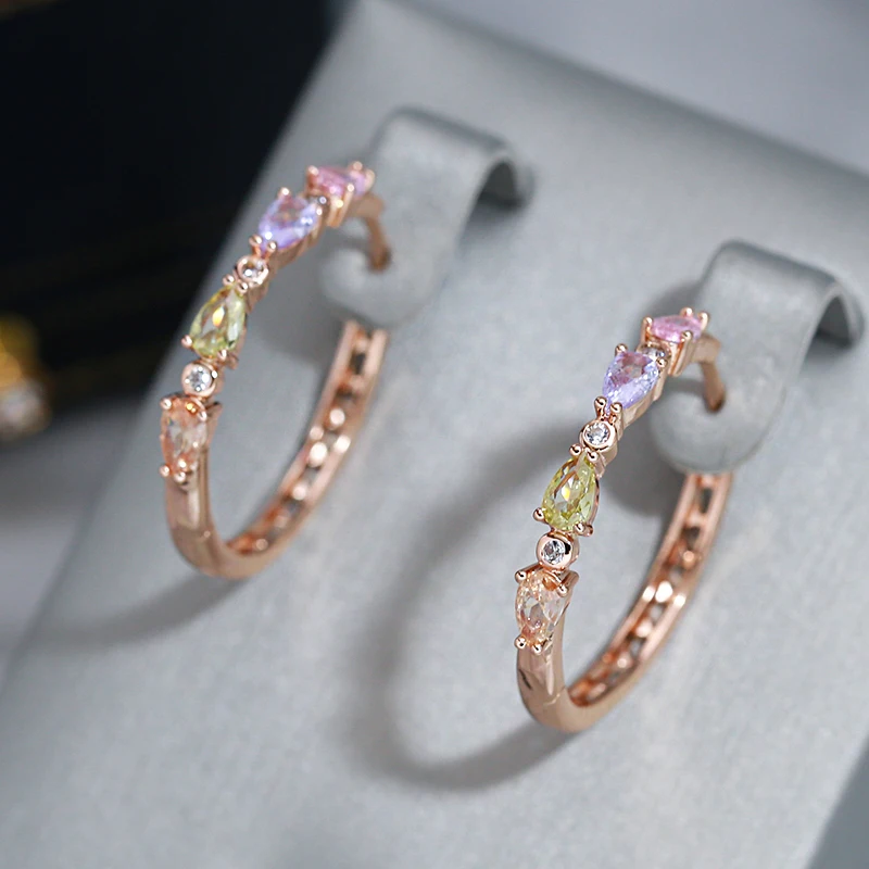 Wbmqda Fashion Colorful Natural Zircon Hoop Earrings For Women 585 Rose Gold Color  Wedding Party Fine Dubai Jewelry Accessories