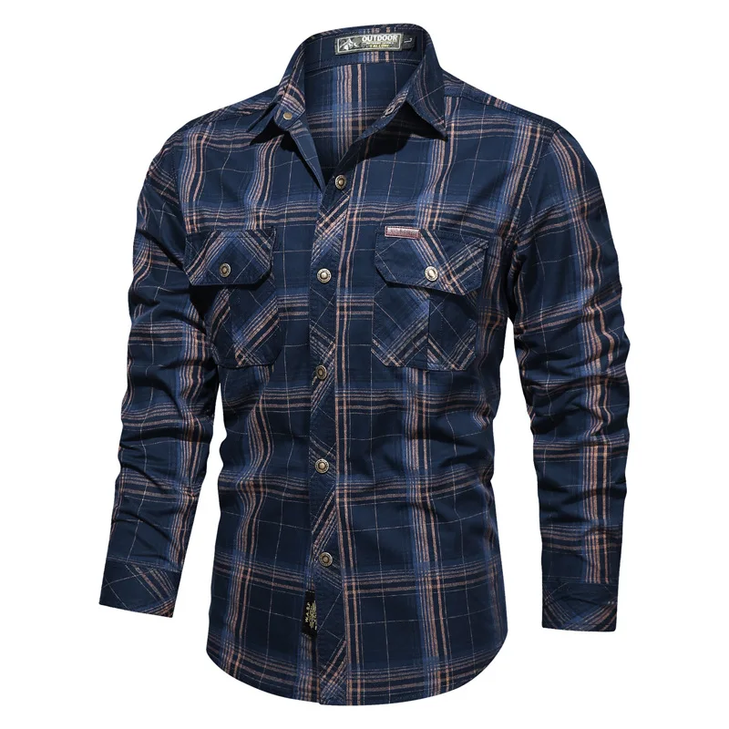 Men Casual Business Working Shirt Outdoor Plaid Loose Shirts Multi-pockets Tooling Shirts Large Size Long sleeve Military Shirts