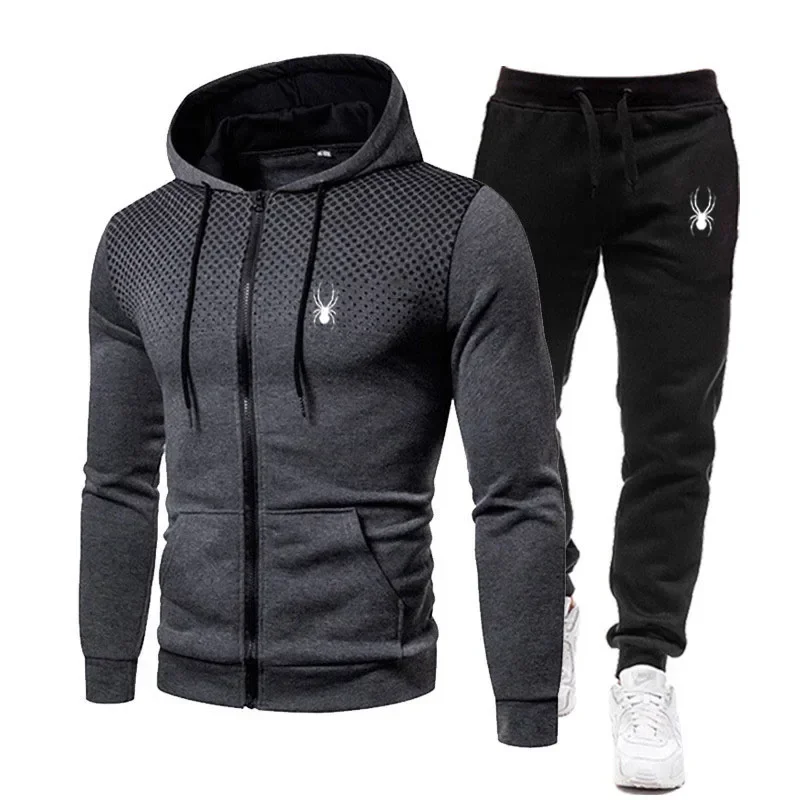 Men's Tracksuit Hooded Zipper Jacket + Sweatpants Outfits Fashion 2 Piece Sets Autumn And Winter Male Workout Jogging Sports