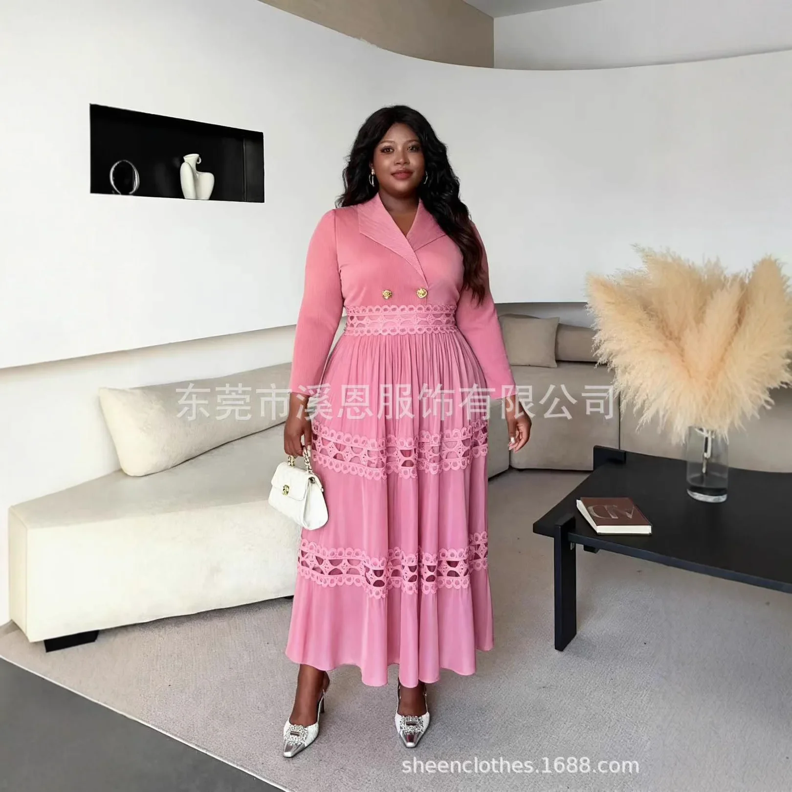 Miayke فساتين نسائية جديدة ذات ثنيات وياقة بدلة أنيقة وأكمام طويلة مرقعة من الدانتيل بخصر مجوف فساتين طويلة للتخسيس #3