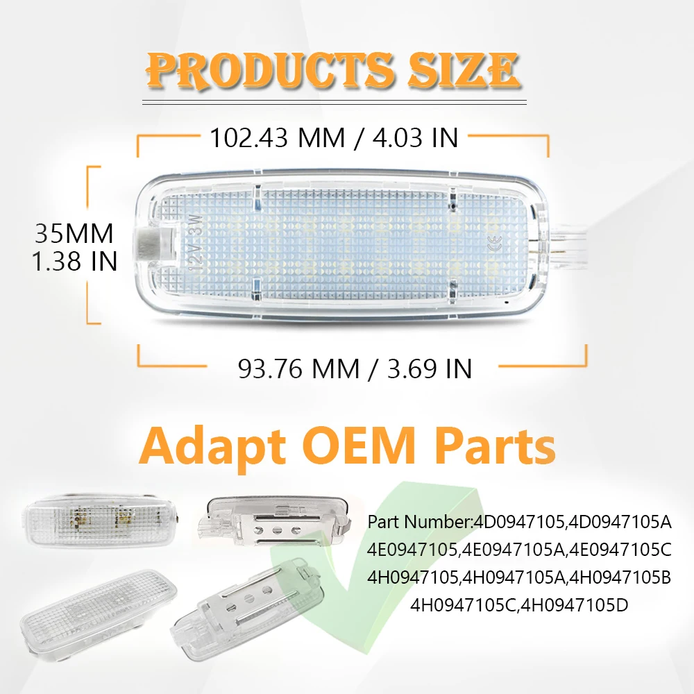 2Pcs White LED Interior Vanity Mirror Light Reading Lamps for Audi A3 S3 RS3 A4 S4 A5 S5 RS5 A6 A6L S6 RS6 A7 A8 S8 Q5 TT TTS