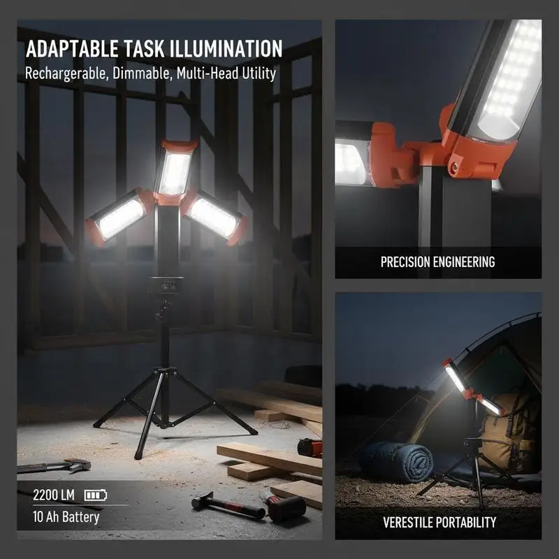 LED construction light with tripod, 10 Ah work light, rechargeable camping light, with 3 lamp heads, detachable tripod stand, 2200 LM 3000 K-6500 K dimmable, lighting for construction sites