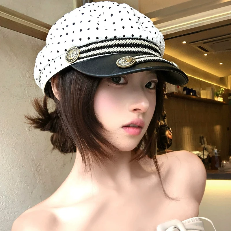 British Style Retro Polka Dot Splicing Leather Brim Flat Top Beret Hats for Women Spring and Summer Travel Newsboy Navy Caps
