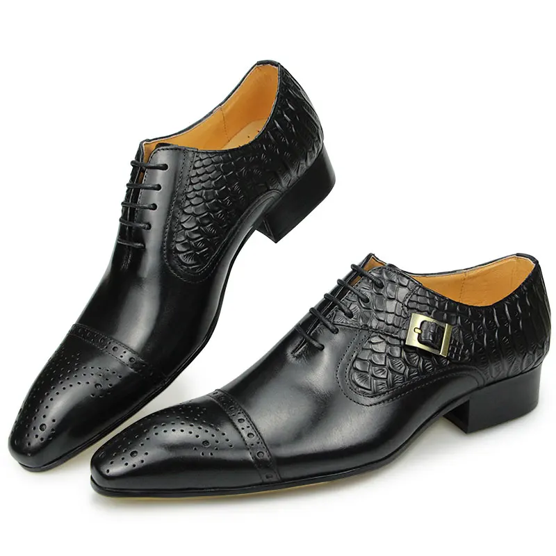 Nice Men Black Brown Leather Oxford Brogue Dress Shoes Office męska skóra Męska para z garniturami dżinsy Boczna sznurowana klamra stylowy