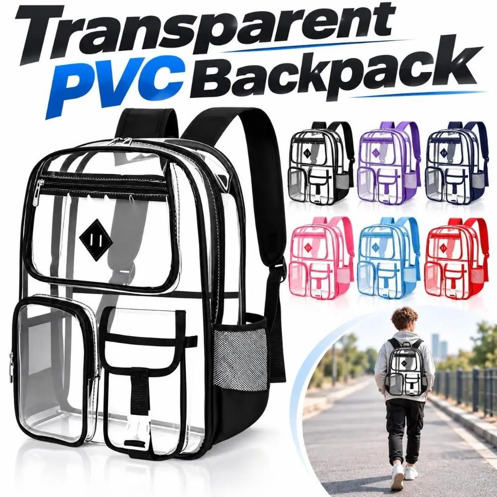 Mult-Pocket Clear PVC Backpack Transparent Waterproof School Backpack Lightweight Wear-Resistant See-Through Bookbag