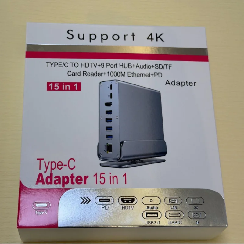 Type-C Docking Station 15 in 1 Hub 4K@60Hz HDMI DisplayPort USB A RJ45 SD TF Audio 3.5mm Port Adapter for Macbook Pro Laptop PC