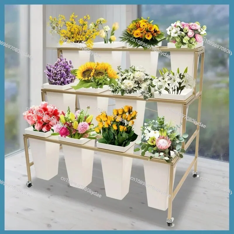 Flower Display Stand With 12PCS Buckets, 3-Layer Metal Plant Stand with Wheels For Indoor and Outdoor Terraces, Gardens