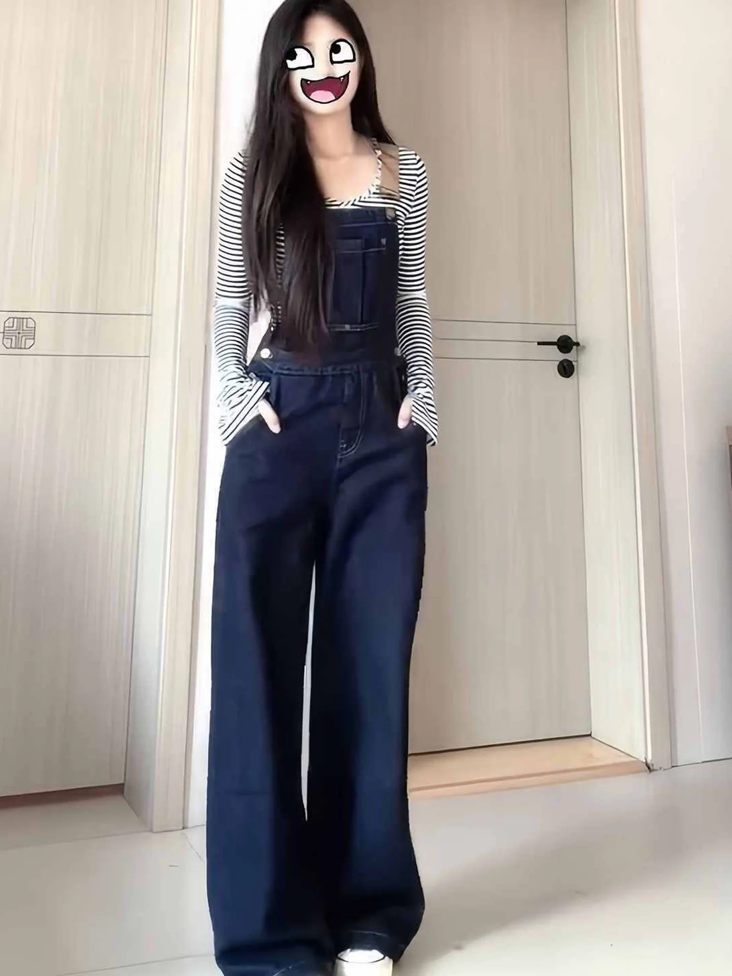 American Style Retro Denim Overalls Women's High Waist Wide Leg Straight Cut Pants Lazy Design One-Piece Suit Fall New Arrival