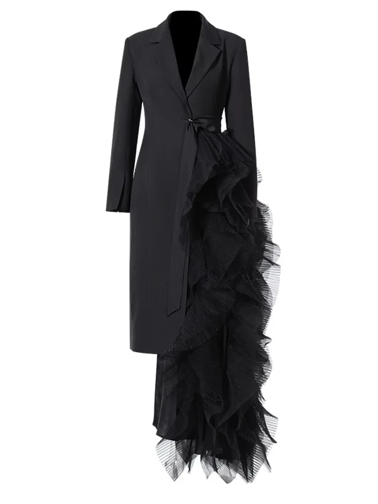 

Women Black Irregular Mesh Big Size Long Elegant Blazer New Lapel Long Sleeve Jacket Fashion Spring Autumn 2024 7AB4743