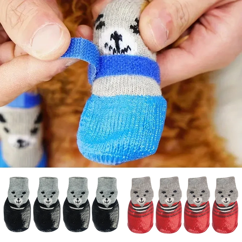 4pcs Puppy Dog Teddy Socks Waterproof Cat Shoes Anti Slip Foot Cover Anti-Dirty Pet Socks Small Cats Dogs Knitted Warm Socks