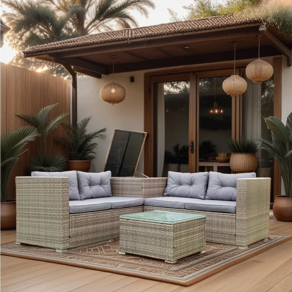 

4 Piece Garden Furniture Sets, Patio Sectional Wicker Rattan Outdoor Furniture Sofa with Storage Box,Outdoor Conversation Set