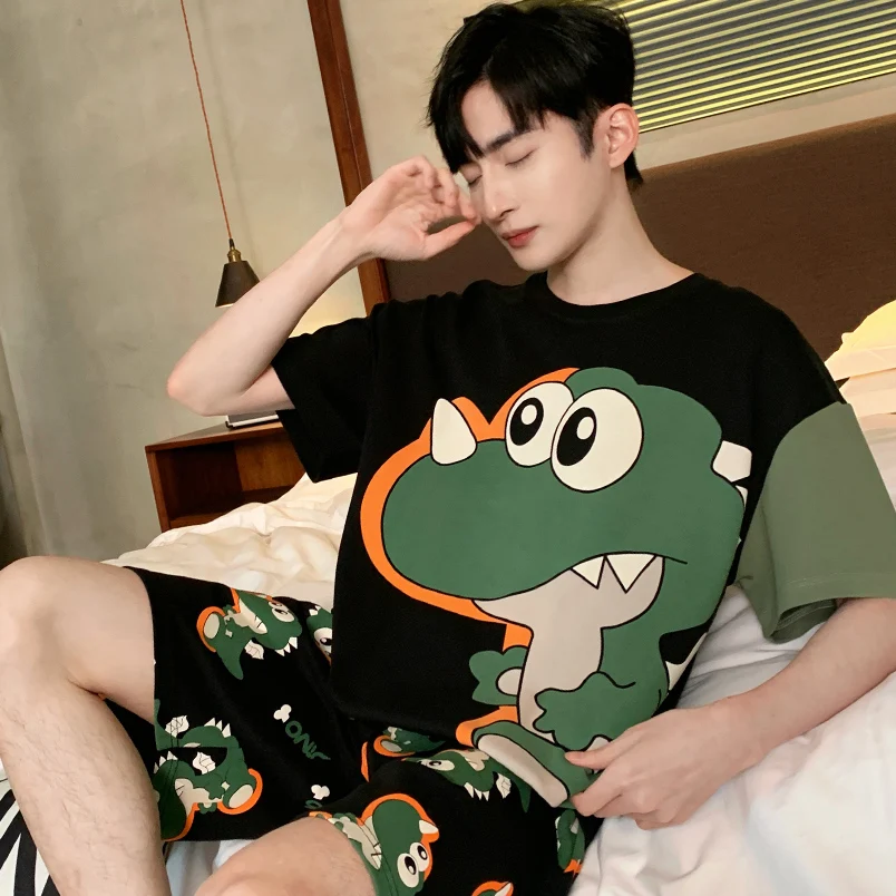 New Summer 3XL Pijama Set For Men Women Sleepwear Cartoon Dinosaur Pyjamas Suit 2PCS Korean Loose Cotton Loungewear Hombre