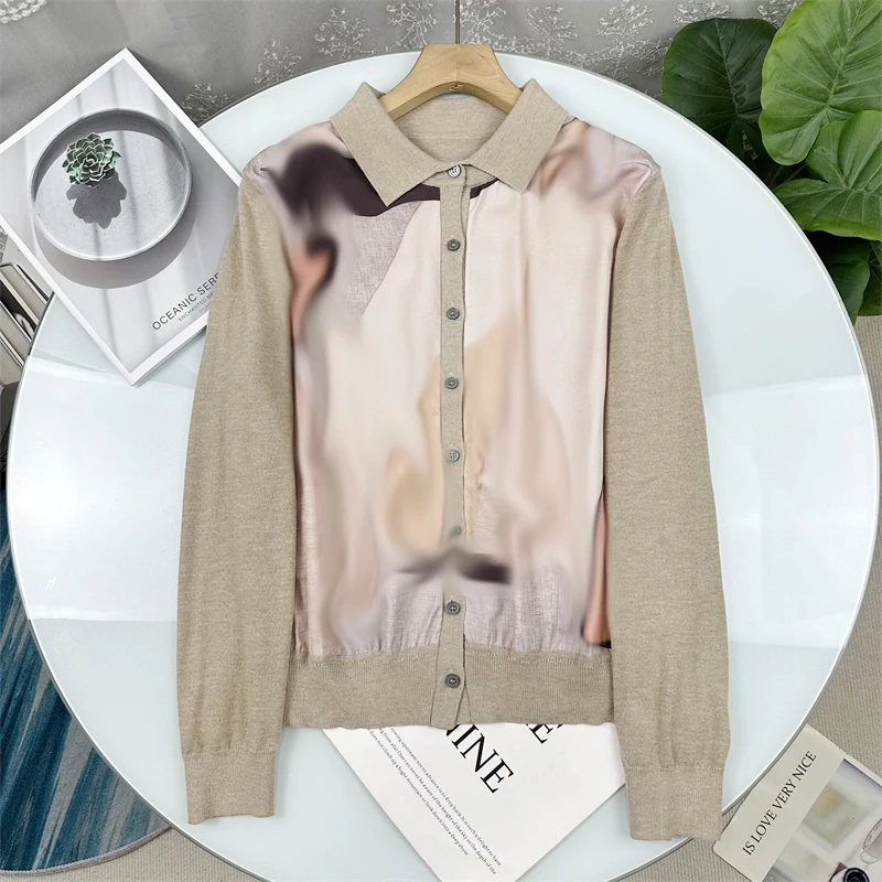 

Элегантный вязаный кардиган с принтом и пэчворком, с маленьким воротником, женский топ из высококачественного хлопка, осень 2025, новинка