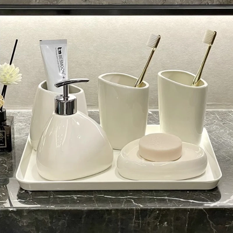 Bathroom Kit White Ceramic Emulsion Bottle Mouthwash Cup Toothbrush Holder Melamine Tray Home Ceramic Bathroom Supplies