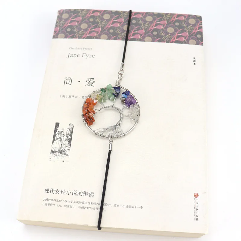 Bent Tree Of Life With Elastic Rope Bookmark Gravel Braid Silver 7 Color Healthy Reiki Mineral Rock Crystal Handmade Bookmark