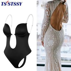 Invisible Underwear for Backless Dress Deep V-Neck U Plunge Thong Bodysuit Shapewear Transparent BraStraps Seamless Corset Bra