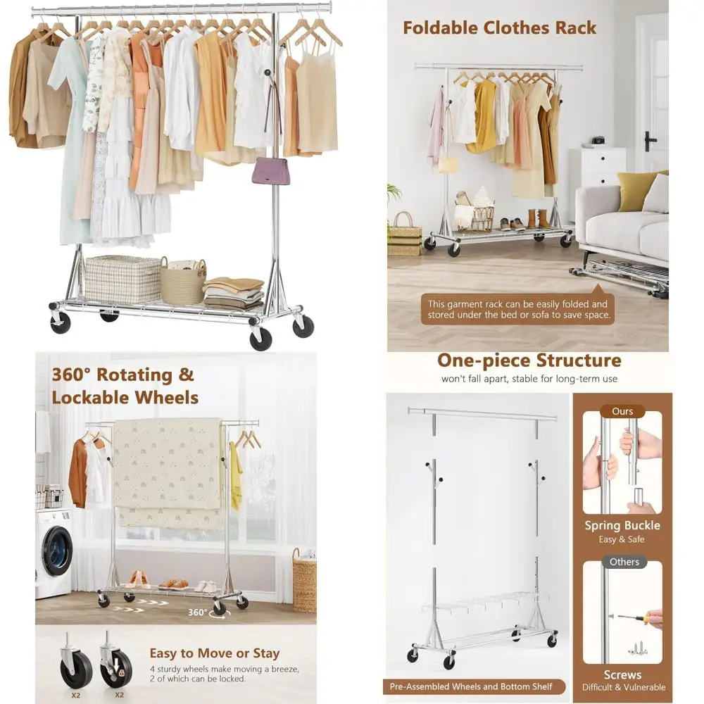 

Heavy Duty Foldable Rolling Garment Rack with Wheels, 480 lbs Capacity, Extendable Clothes Rack for Home and Commercial Use