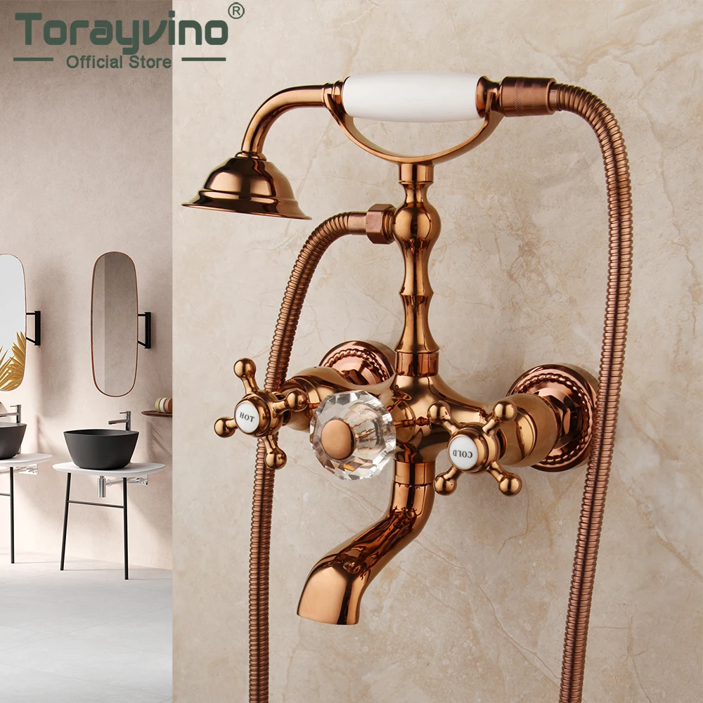 

Torayvino Bathtub Telephone Shape Shower Set Faucet Rose Gold Wall Mounted Bathroom Mix Tap 2 Functions Hand Shower Stream Spout