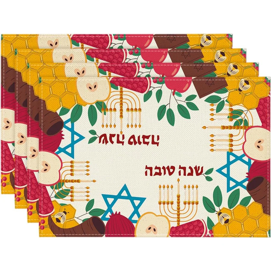 Rosh Hashanah Placemats Home Decor Shana Tova Honey Menorah Star of David Kitchen Dining Table Mats Jewish Holiday Party Decor