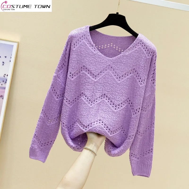 Spring and Autumn Knitted Women's Long Sleeved Top with New Style Hollow V-neck Western Style Loose and Age Reducing Sweater