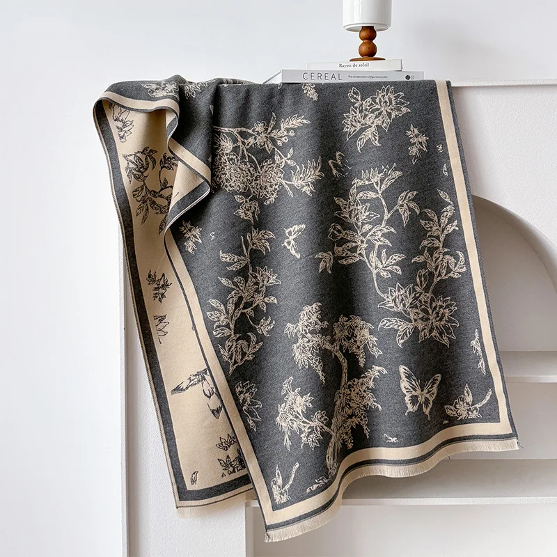 Women's Vintage Floral Butterfly Print Imitation Cashmere Shawl, Reversible Fringe Scarf, Soft Warm Wrap for Autumn Winter