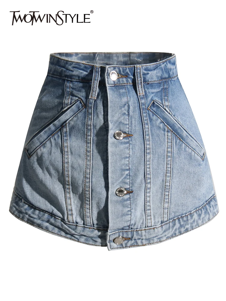 TWOTWINSTYLE Spliced Zipper Slimming Denim Shorts For Women High Waist Patchwork Button Sexy Shorts Skirts Female Fashion New