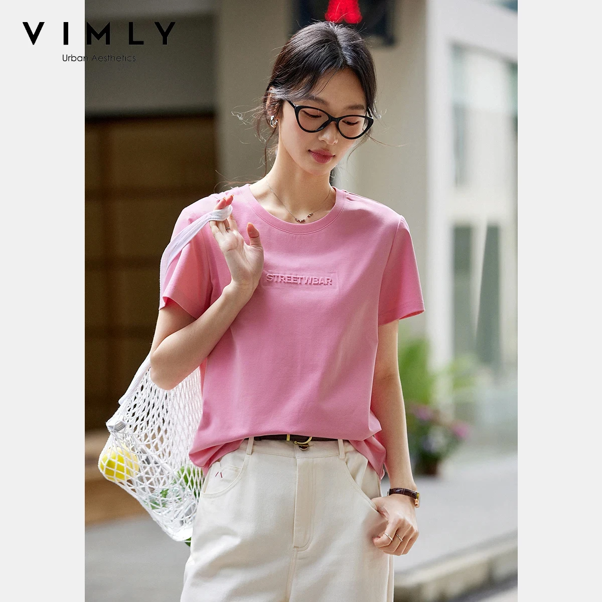 

VIMLY Women's Minimalist Short Sleeve T-Shirt 2026 Summer New Pink Round Neck 3D Letter Print Casual Loose Top Women A1072