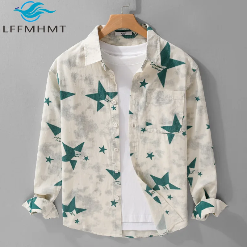 

6155 Spring Autumn Men's Long Sleeve Shirt with Star Printing Premium Quality Simple Loose Fit Casual Versatile Blouse Tops Male
